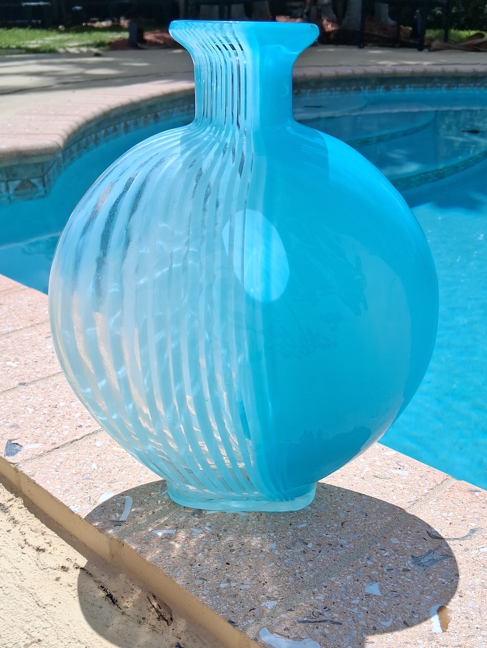 Murano Style ART GLASS Aqua Blue Stiped Vase 10". Handblown Polished Pontil.